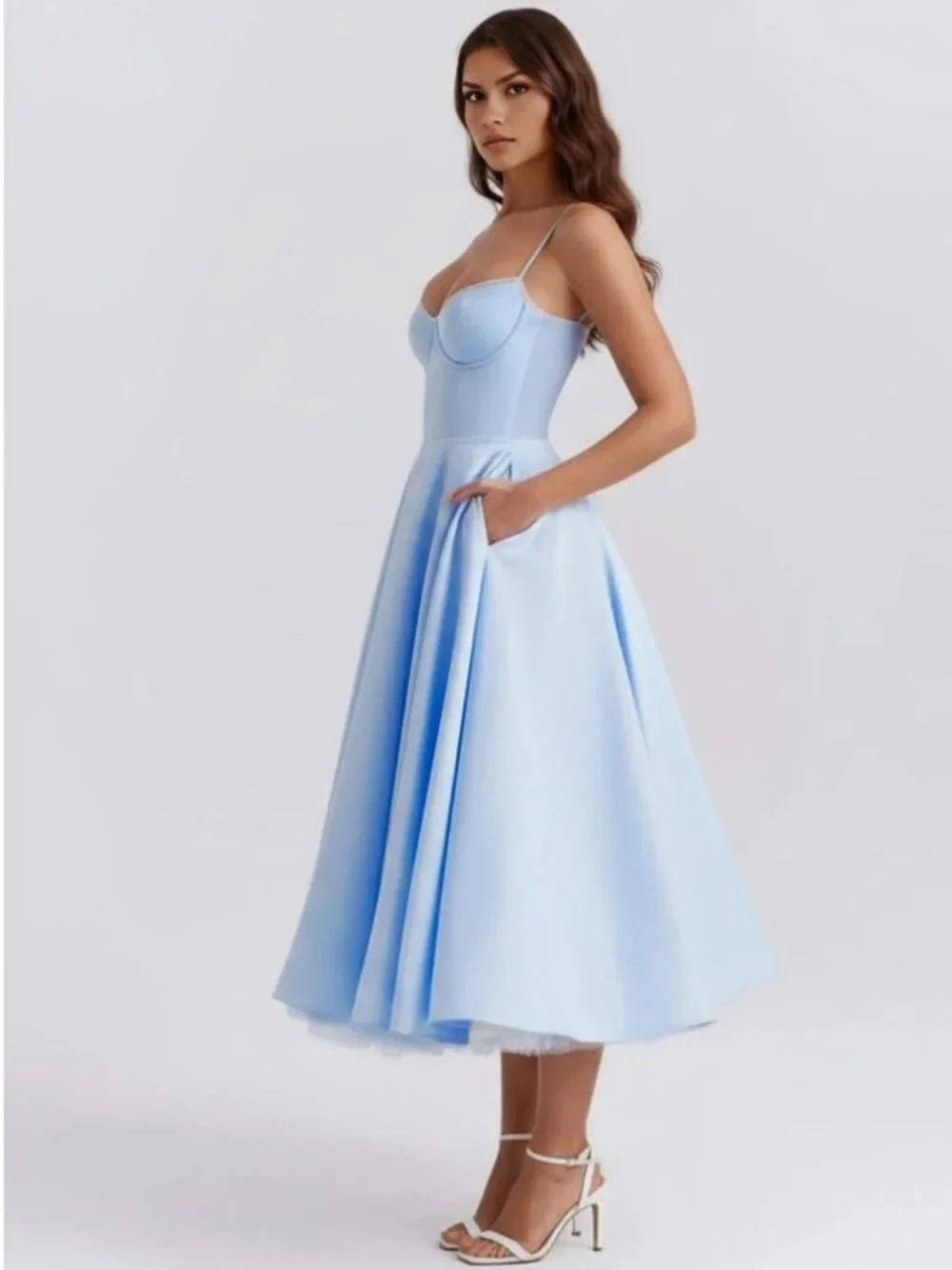 Almond Muse Selene Light Blue Fit-and-Flare Midi Dress with Spaghetti Straps - Picture 2 of 7